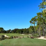 Panoramic view of a lush green golf course at Old Corkscrew Golf Course. Smooth