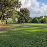 Panoramic view of a lush green golf course at Overton Park 9. Smooth