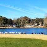 Panoramic view of a lush green golf course at Oyster Bay Golf Links. Smooth