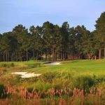 Panoramic view of a lush green golf course at Pinehurst No. 8. Smooth