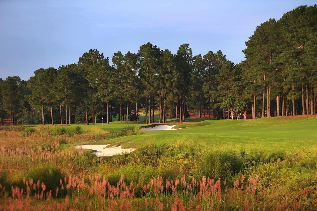 Panoramic view of a lush green golf course at Pinehurst No. 8. Smooth