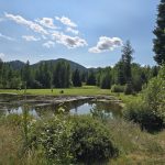 Panoramic view of a lush green golf course at Priest Lake Golf Course. Smooth