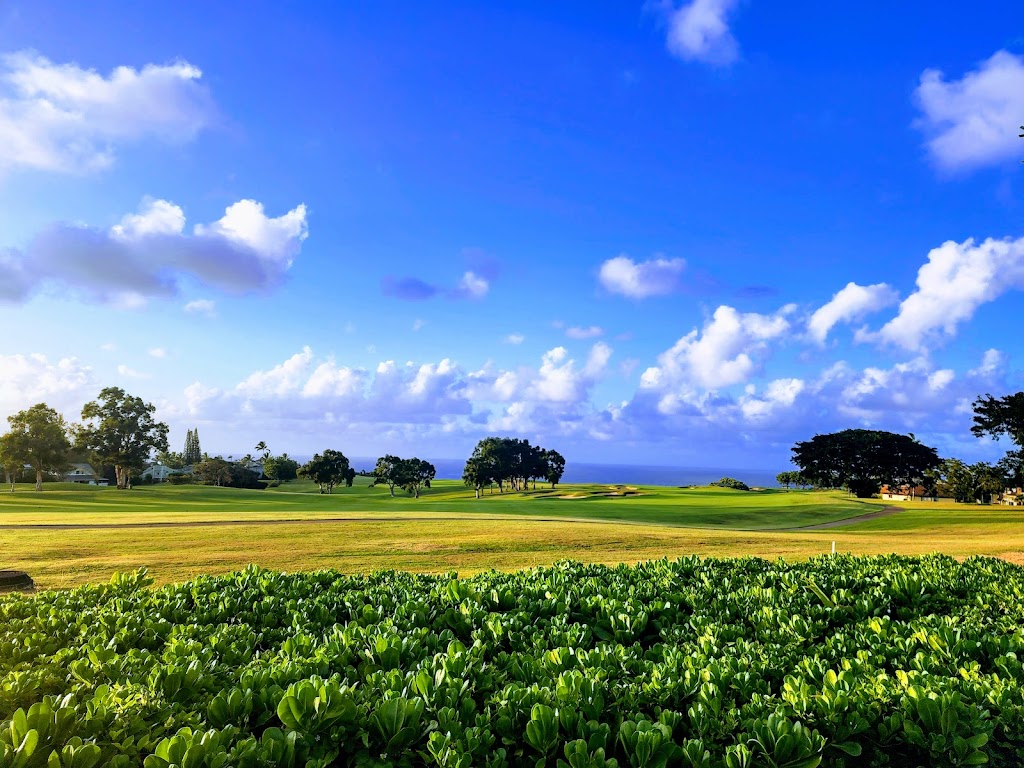 Panoramic view of a lush green golf course at Princeville at Hanalei. Smooth