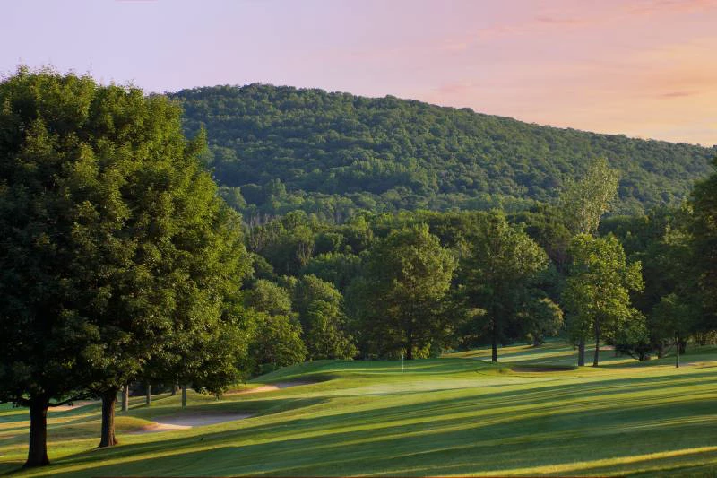 Panoramic view of a lush green golf course at Putnam County Golf Course. Smooth