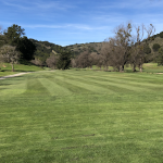 Panoramic view of a lush green golf course at Redwood Canyon Golf Course. Smooth