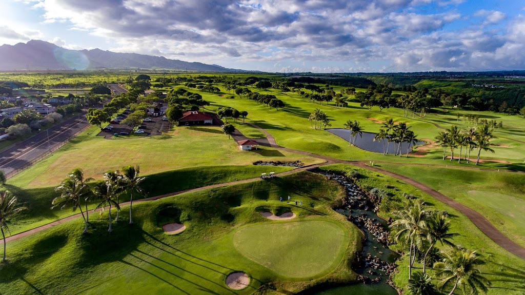 Panoramic view of a lush green golf course at Royal Kunia Country Club