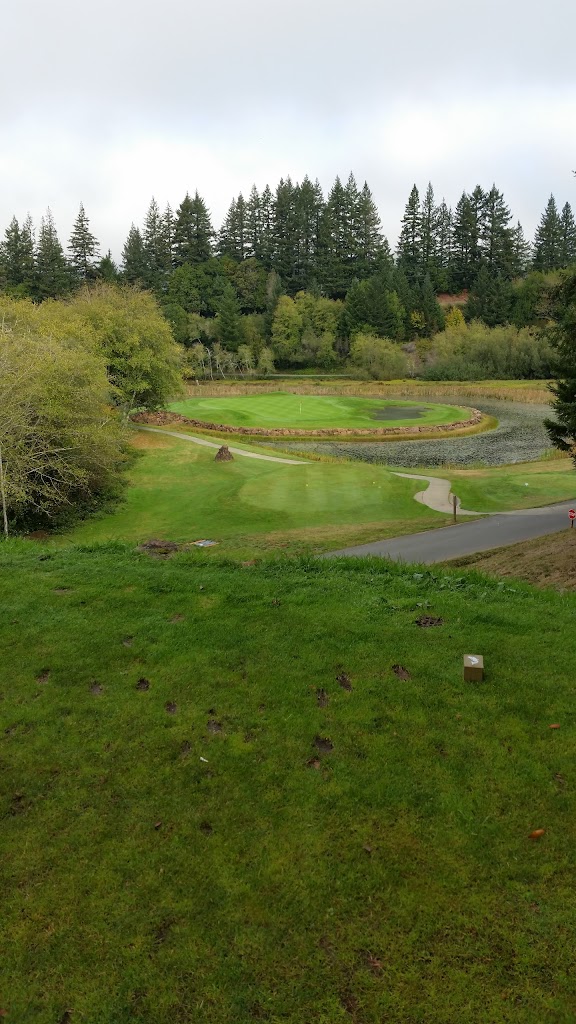 Panoramic view of a lush green golf course at Salmon Run Golf Course. Smooth