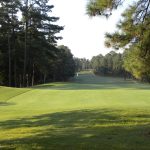 Panoramic view of a lush green golf course at Southern Pines Golf Club. Smooth