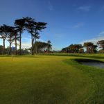 Panoramic view of a lush green golf course at TPC Harding Park. Smooth