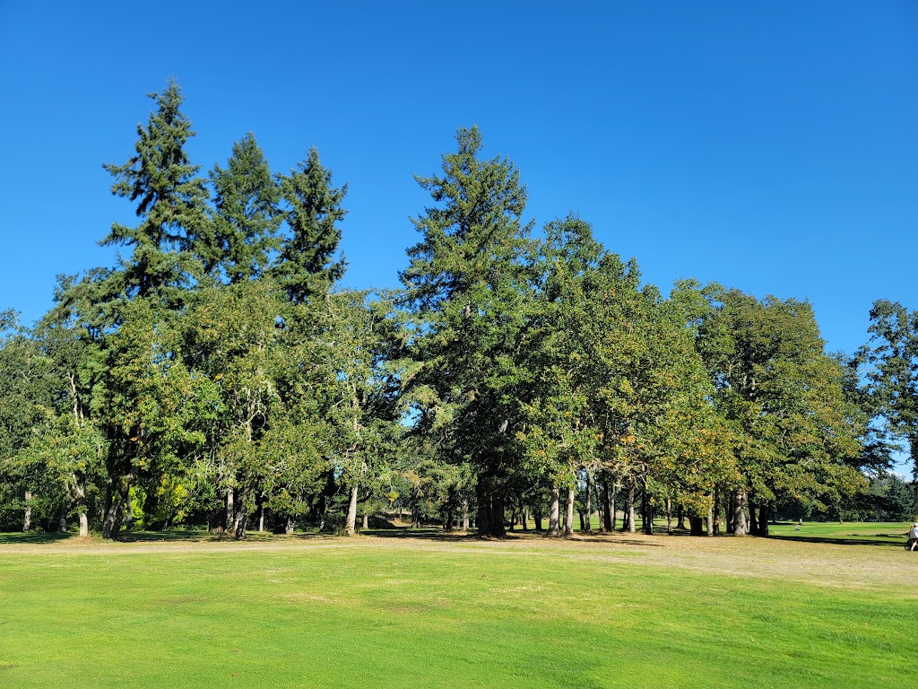 Panoramic view of a lush green golf course at Tahoma Valley Golf Course. Smooth