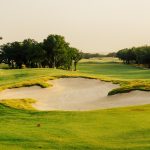 Panoramic view of a lush green golf course at Texas Rangers Golf Club. Smooth