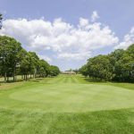 Panoramic view of a lush green golf course at The Bay Pointe Club. Smooth