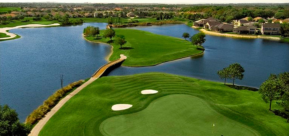 Panoramic view of a lush green golf course at The Club at Eaglebrooke. Smooth