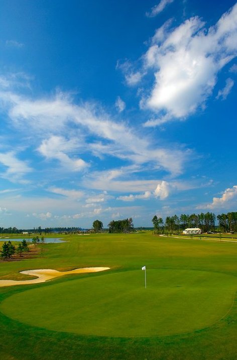 Panoramic view of a lush green golf course at The Golf Club at Hilton Head Lakes. Smooth