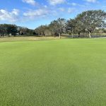 Panoramic view of a lush green golf course at The River Club. Smooth