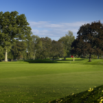 Panoramic view of a lush green golf course at Wannamoisett Country Club. Smooth