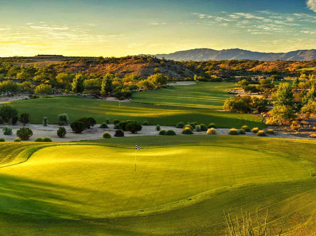 Panoramic view of a lush green golf course at Wickenburg Ranch Golf & Social Club. Smooth